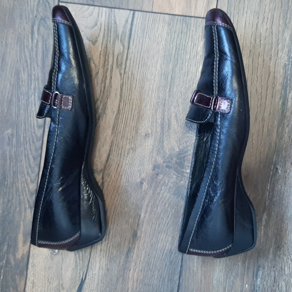 Black and Brown Leather Flats with Buckle Detail